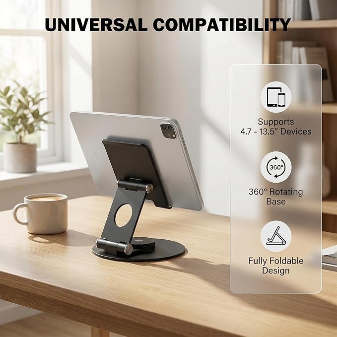 KABCON Swivel Tablet Stand, Aluminum Portable 360°Rotating Holder for Desk,Business,Kitchen,Desktop,Table Stand for iPad Pro 9.7,10.5,12.9/Air Mini,Tab,Fire,Nexus,E-Reader-Black