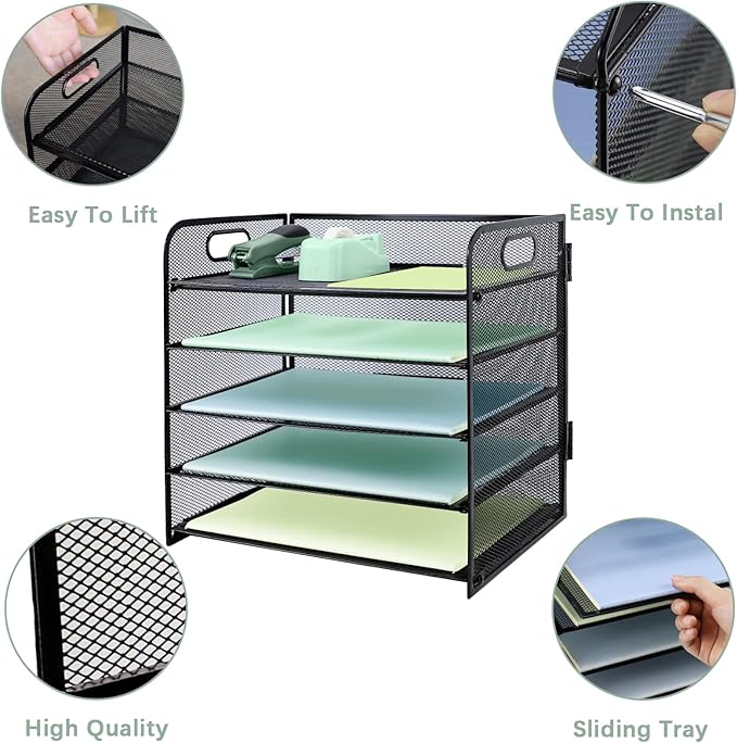 Paper Letter Tray with Handle, 2 Pack 5 Tier Metal Mesh Desk File Organizer, A4 Paper Desktop Filing Trays, Desk Tidy Magazine Document Holder for Home Office, Black