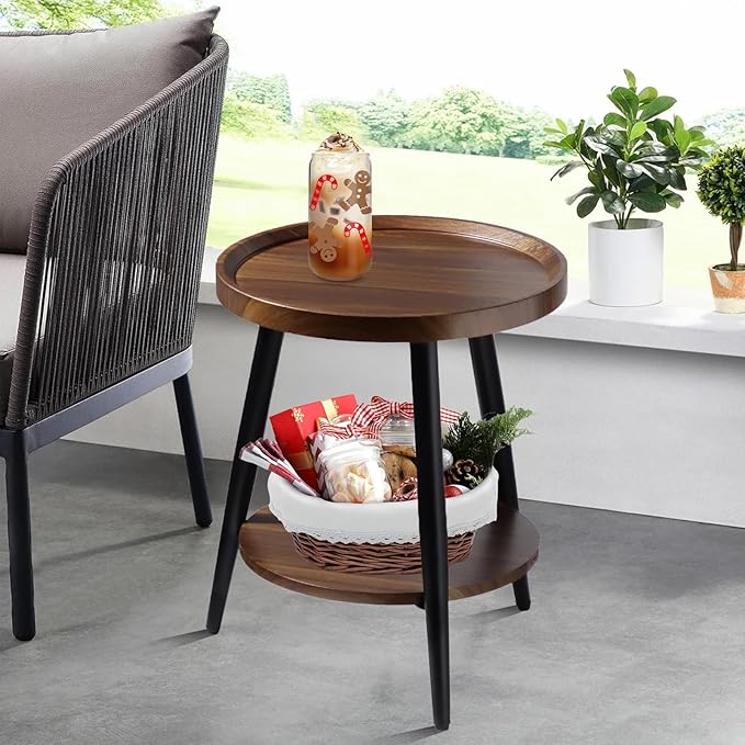Small Round Side Table, 2-Tier Mid Century Modern Side Table, Round End Table Small End Table for Living Room, Metal Frames, Brown
