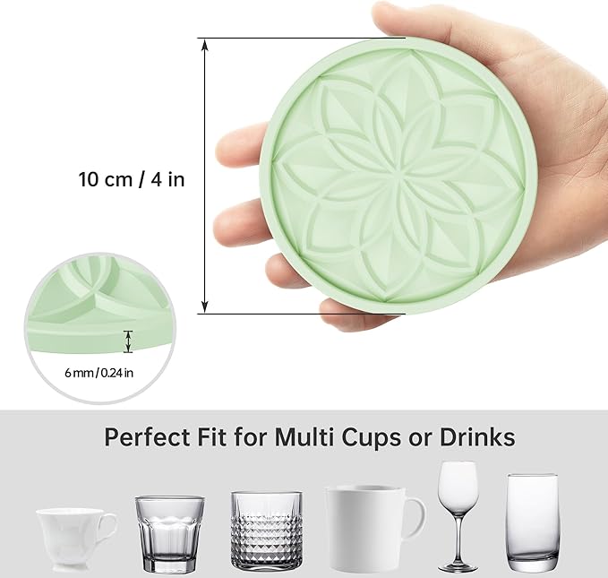 HFHOME Silicone Coasters Set for Drinks - 6 Pack With Holder, Table Cup Mat for Coffee Table, Desk, Bar - Tabletop Protection Gift - Nyanza Green