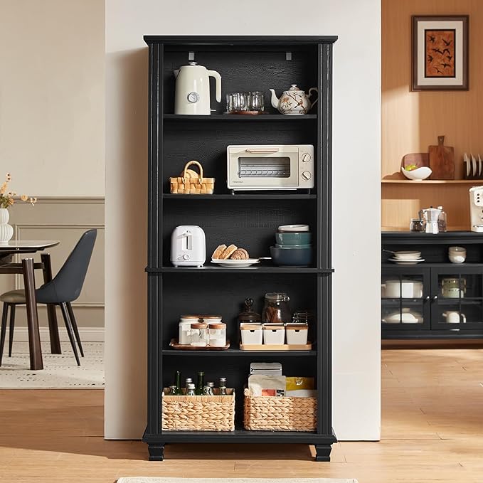 SAVOR LIFE 70" Tall Black Bookshelf,5 Tier Wooden Book Shelf with Adjustable Shelves & Wood Legs,Free Standing Farmhouse Bookcase with Open Display Storage,Vintage Bookshelves for Living Room,Office