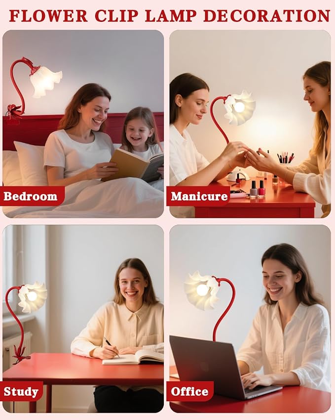 WERFOP Flower Lamp Clip on Light, 3 Color Modes Eye-Caring Desk Lamp with Clamp, Dorm Room Essentials, Flexible Neck Reading Clamp Lamps for College Bedside Bookshelf Studying Room (Red)