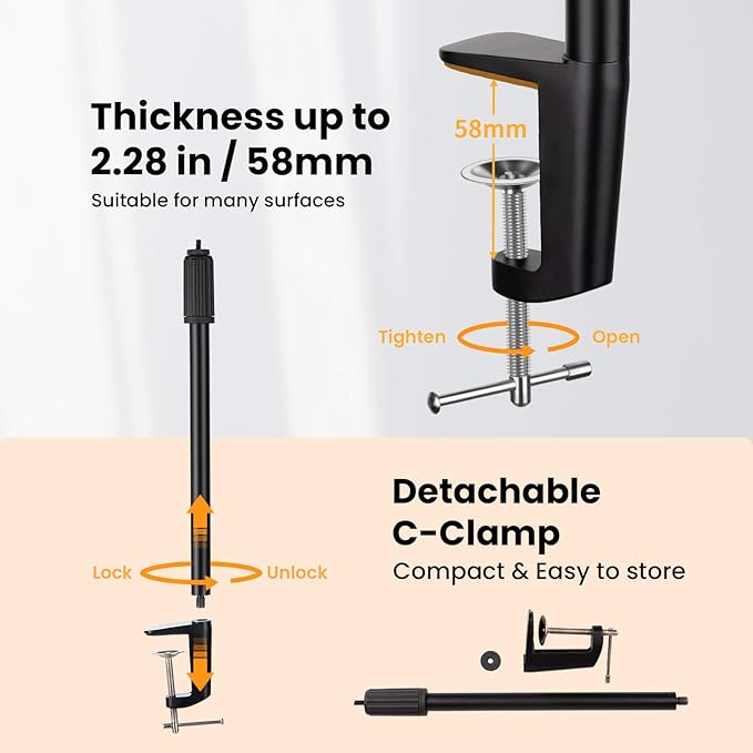TARION Desktop Light Stand Mount - Adjustable 14 to 25 inch Height - Heavy Duty C Clamp Tabletop Monopod - 1/4 3/8 Screw Adapter for Ring Light Webcam Streaming