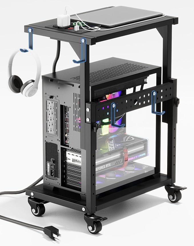 Computer Tower Stand with Power Outlet, 6 Level Height Ajustable PC Tower Stand for Floor, Mobile Rolling CPU Holder Cart for Gaming, Office, Home, 21.34"-28.3", Black