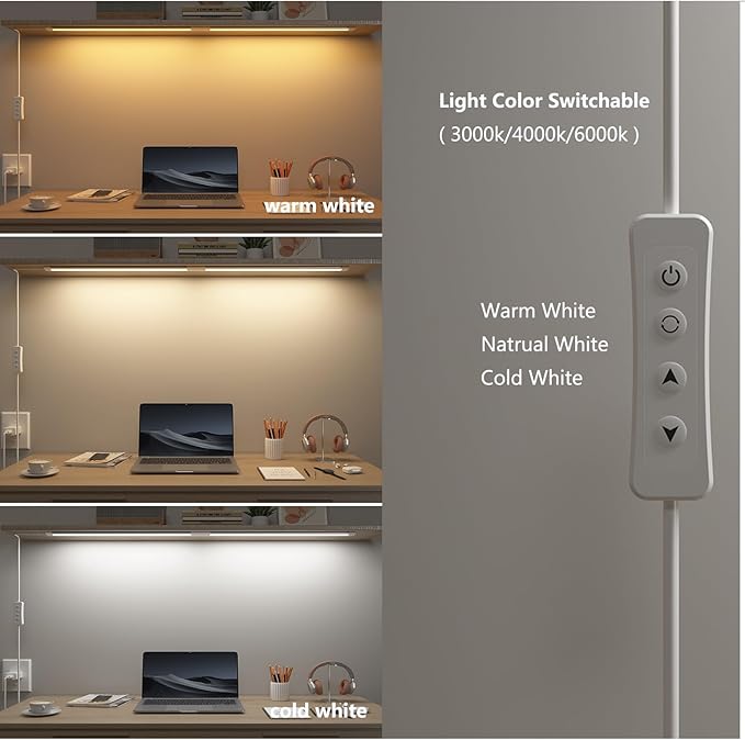 Under Cabinet Lighting USB Plug In 20Inch Under Counter Light Fixtures,3 CCT(3000K/4000K/6000K), 6W, 560LM Dimmable Slim Indoor LED Light Strip for Desk, Shelf, Kitchen Cabinets, Closet, Monitor, 1pcs