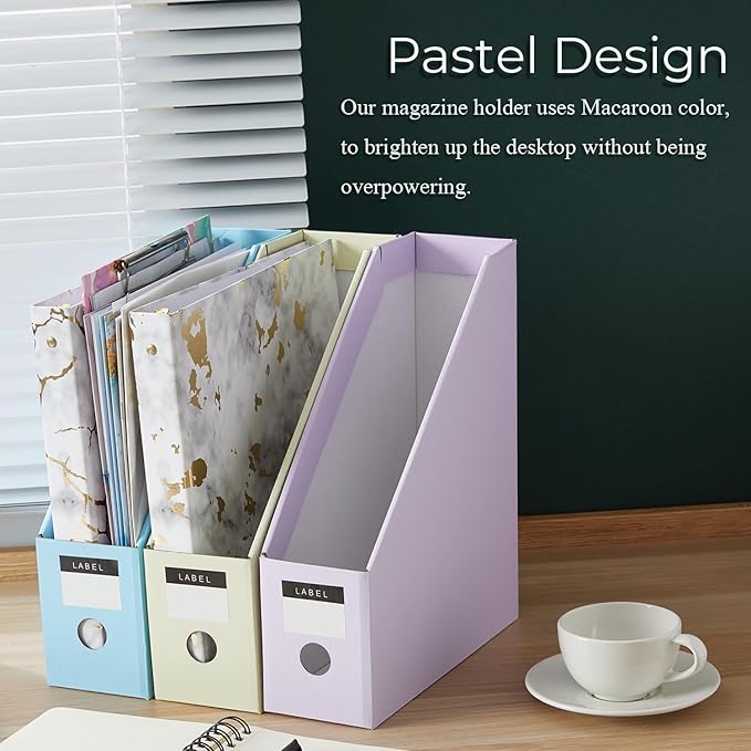 Y YOMA Cardboard File Magazine Holder, Pastel Color, 12 Pack Desktop Binder Holder with Labels Vertical File Storage Foldable Organizer Box, for Office Classroom Home Workspace