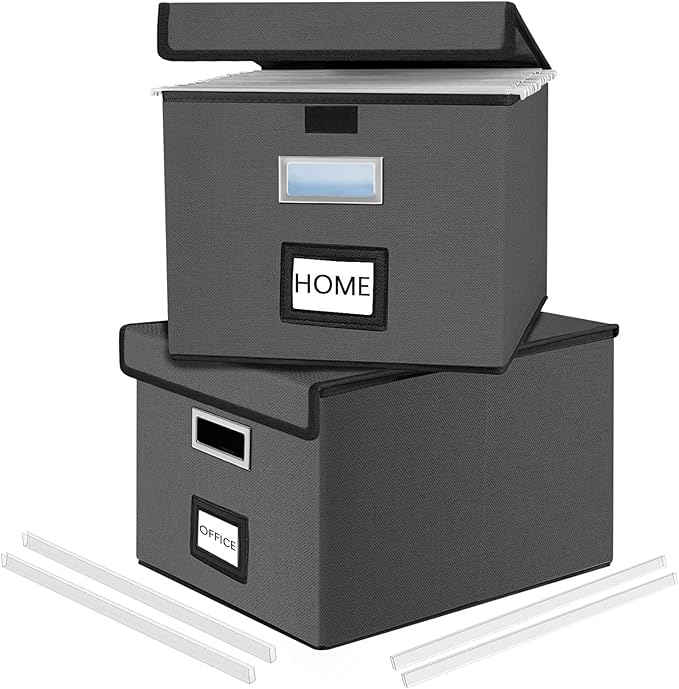 File Organizer Boxes with Lids, Linen Office Document Storage Boxes, Filing Boxes, Decorative Small File Boxes for Hanging Files with Plastic Slide for Office/Cabinet/Decor/Home