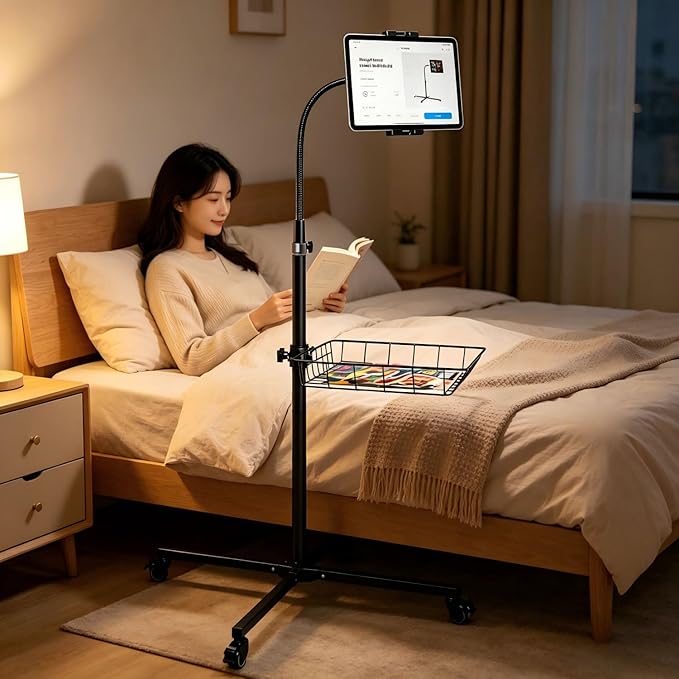 wishacc Rolling Tablet Floor Stand with Industrial Wheels & Storage Basket, Adjustable Height Gooseneck Tablet Stand Floor Holder for iPad Pro 12.9, Air, Mini, Cell Phones (Medium)