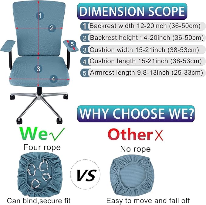4 Pcs Office Chair Cover Set with 4 Extra Elastic Straps Universal Protective Office Chair Covers Stretchable Desk Chair Cover Office Armrest Cushion Backrest for Rotating Chair (Blue)