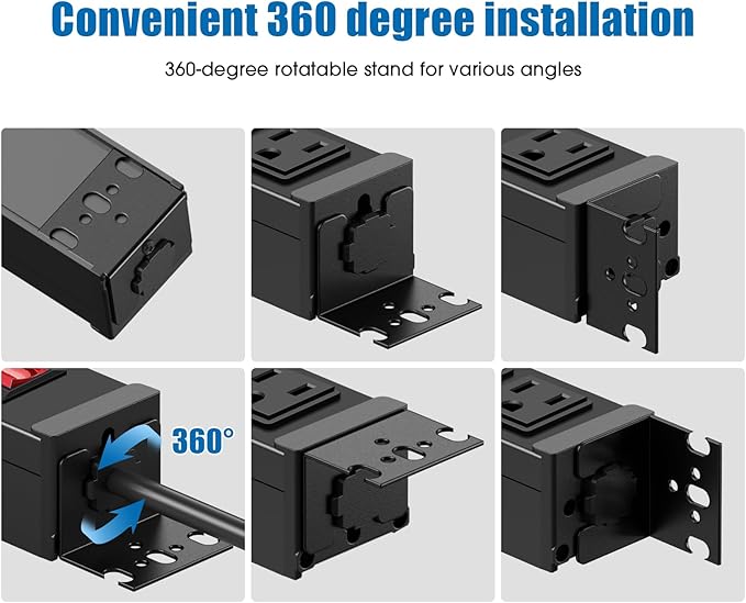 HHSOET Rotating Mountable Power Strip, 12 Outlet Wall Mount Surge Protector,1200J, Metal Heavy Duty and Versatile Outlet Strip, Stylish Appearance, Sturdy and Durable, 6ft Power Cord.(Black)