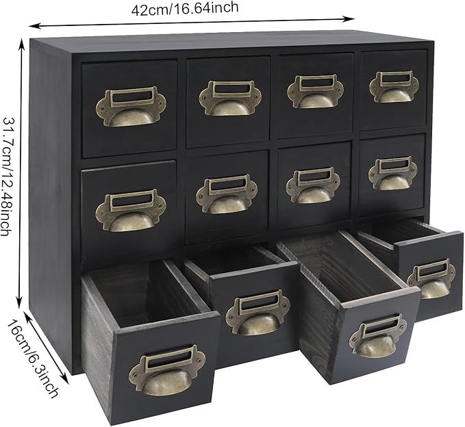12 Drawer Drawers Storage Cabinet, Wooden Medicine Cabinet Desktop Drawer Organizer Herb Storage Box with Solid Wood Build & No Assembly for organize spices medicines jewelry cosmetics(Black)
