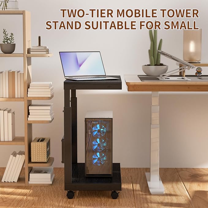 Computer Tower Stand/PC Tower Stand with Wheels, Dual Tier & 5-Level Adjustable CPU Holder Cart (23.2-33.5") — Under Desk Floor PC Stand for Gaming & Home Office [Black]
