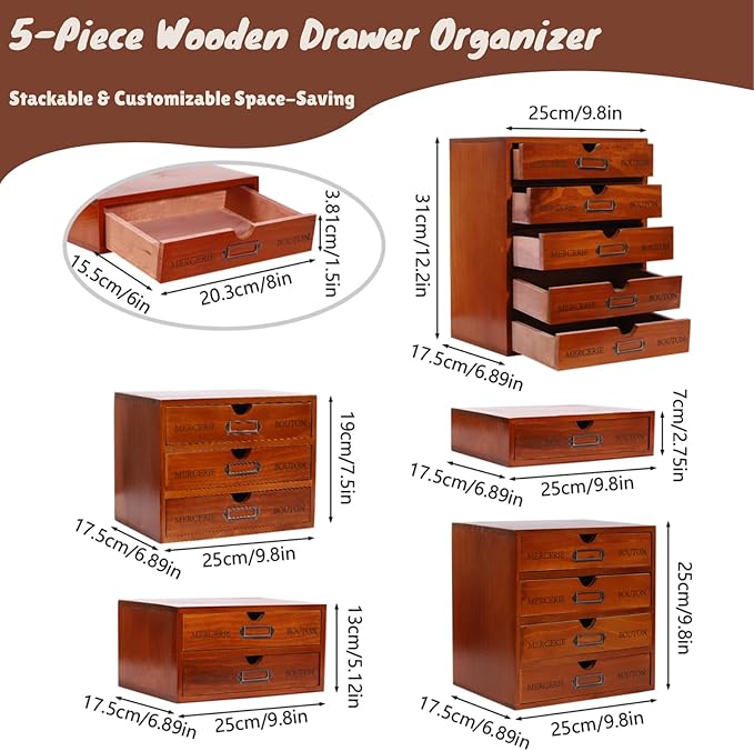 15-Drawer Wooden Desk Organizer Storage Box with Label Holders Vintage Wood Desktop Organizer, Desk Drawer Unit Collectors Box for Living Rooms, Bedrooms, Offices (Brown, 5PCS 15 Drawers)