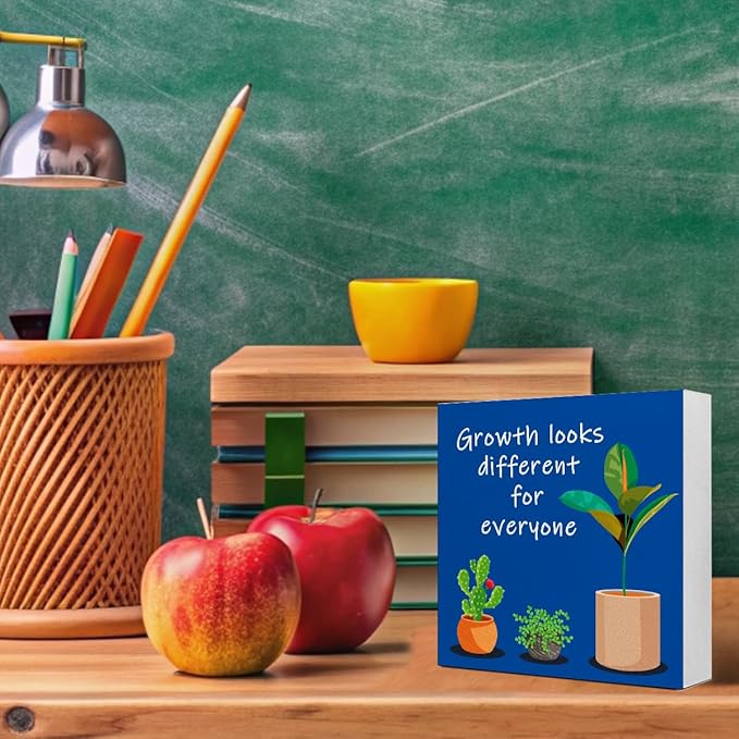 LVQHI Blue Inspirational Desk Sign,Growth Looks Different for Everyone Plant Motivational Wooden Block Sign for Home Bedroom Office Desk Decor 5“L x 5"W x 1.2"H