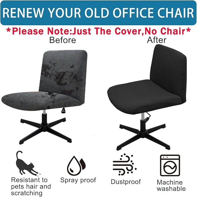 Vanity Chair Cover Criss Cross Chair Cover Waterproof and Elastic Armless Chair Slipcover Armless Chair Covers Office Chair Covers (Black,Just The Cover,No Chair)