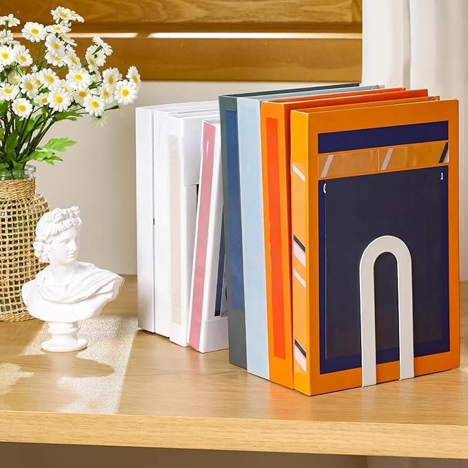 Chunful 2 Pcs Modern Metal Book Ends for Shelves Decorative Small Bookends Book Shelf Organizer Minimalist Design Stopper to Hold Books for Home Office (White,5.5 * 3.75 * 2.25inch)