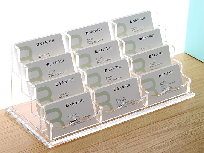 SANRUI Business Card Holder for Desk Clear Acrylic Business Card Holders, Business Card Display Stand 4 Tier 12 Slots