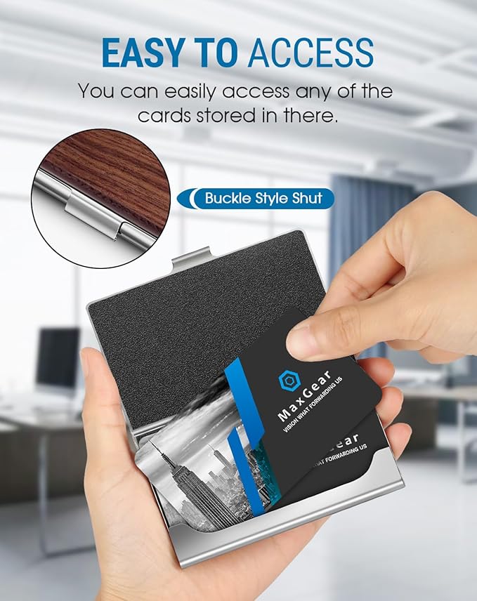 MaxGear Walnut Wood Business Card Holder for Men & Women, Professional Walnut & Stainless Steel Card Case for Business Cards, Slim Name Cards Holders with Interior Lining, Buckle Style Shut, Black