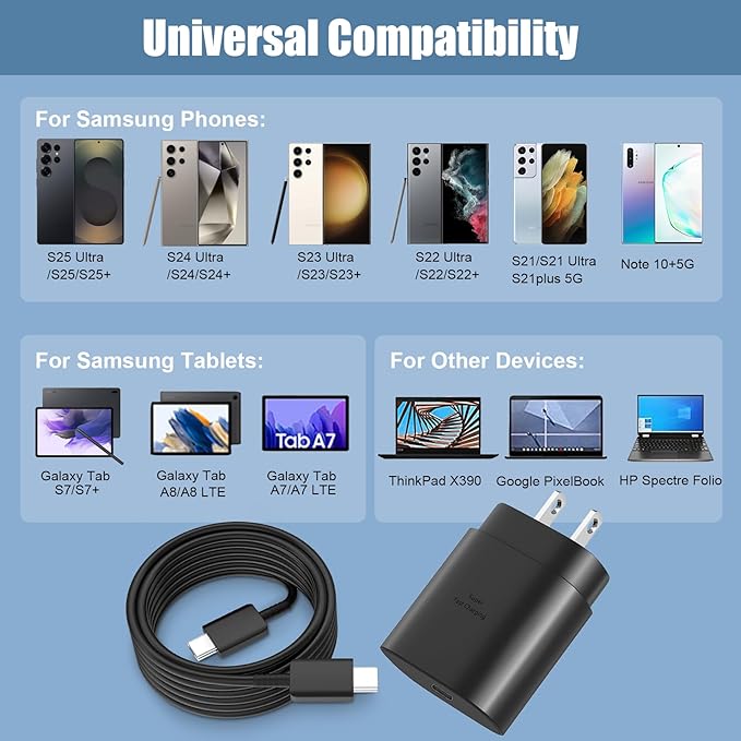 Super Fast Charger Type C,25W USB C Fast Wall Charger Block &8FT Super Long Fast Charging Cable Cord for Samsung Galaxy S26/S25/S25 Ultra/S25+/S24/S24 Ultra/S23/S22/S22 Ultra/S22+/S21/Plus/S20/Note 20