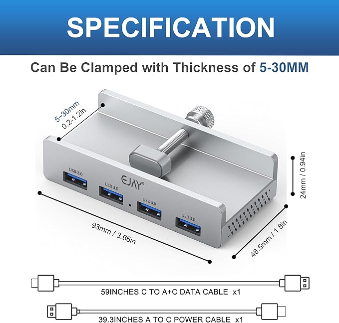 EJAY USB 3.0 Hub with Adjustable Clamp, 4-Port Powered Hub for iMac, PC, Laptop(59inches Data & 39inches Power Cables)