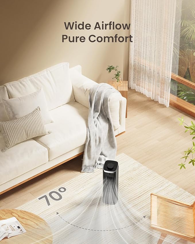 PNTCK Fan for Bedroom, 13" Tower Fan with Remote, 4 Modes 3 Speeds Max 23ft/s, 70° Oscillating Desk Fan, Bladeless Standing Fan, Portable Fans, Cooling Fans for Office, Home Medium-13”-Knob