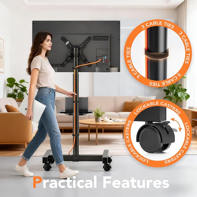 Mobile TV Floor Stand for 13-50 inch LCD LED Flat/Curved Panel Screen TVs up to 44 lbs, Height Adjustable TV Stand Mount with Tilt VESA 200x200, Portable TV Stand with Shelf HT2007BM