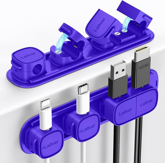 6 Pack Magnetic Cable Clips [1s Open/Lock], Laitver Cord Organizer Holder Strong Adhesive Desk Cable Management- Organize Charging Cords Neatly for Home, Office, Car,Desk, Nightstand-Dark Blue