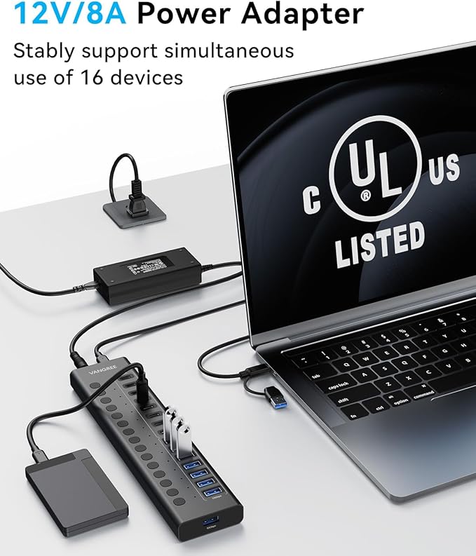 Powered USB Hub 3.2 Gen 2, VANGREE 16 Ports USB Hub (8 USB-A 3.2+8 USB-C 3.2), 10Gbps Aluminum Multiport Expansion Hub with 96W Power Adapter for PC Laptop HDD SSD Flash Drive