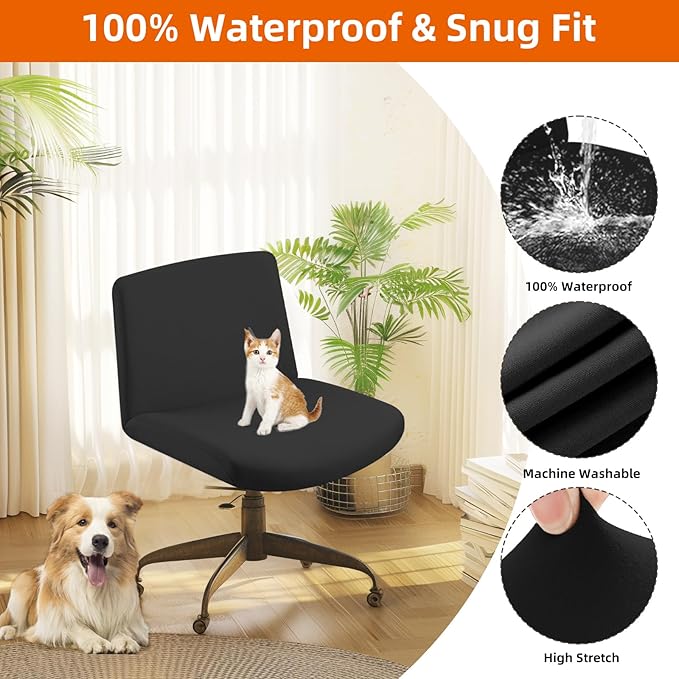 Fuloon Criss Cross Chair Cover, Waterproof, Stretchable, Solid, Suited for Armless/Office/Desk/Mid Back Wide Seat/Computer/Task/Vanity/Accent Chair (Black)
