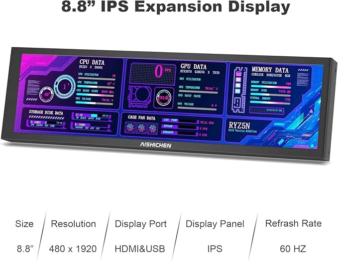 AISHICHEN 8.8 Inch LCD Display, Mini Monitor 1920x480 60Hz IPS Stretched Bar Monitor, PC Sensor Panel, AIDA64 Computer Temperature Secondary Screen with Mini HDMI & Adjustable Brightness