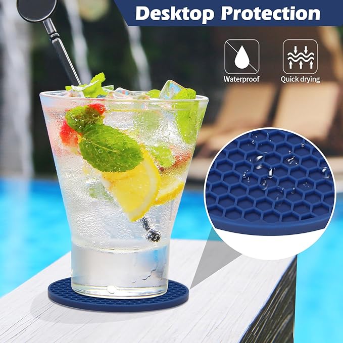 TWTLi Silicone Coasters Set of 8 Holder,Coasters for Drinks,Beer,Coffee Coasters,Suitable for Kinds Cups,Hot or Cold,Anti-SLI,Non-Stick,Anti-Overflow Tabletop Protection and Decor (12 Pcs, Navy Blue)