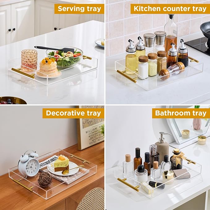 11"x14" Clear Acrylic Serving Tray with Golden Handles, Sturdy Huge Capacity Acrylic Tray for Coffee, Juice, Kitchen and Desk Organizer (11"x14")