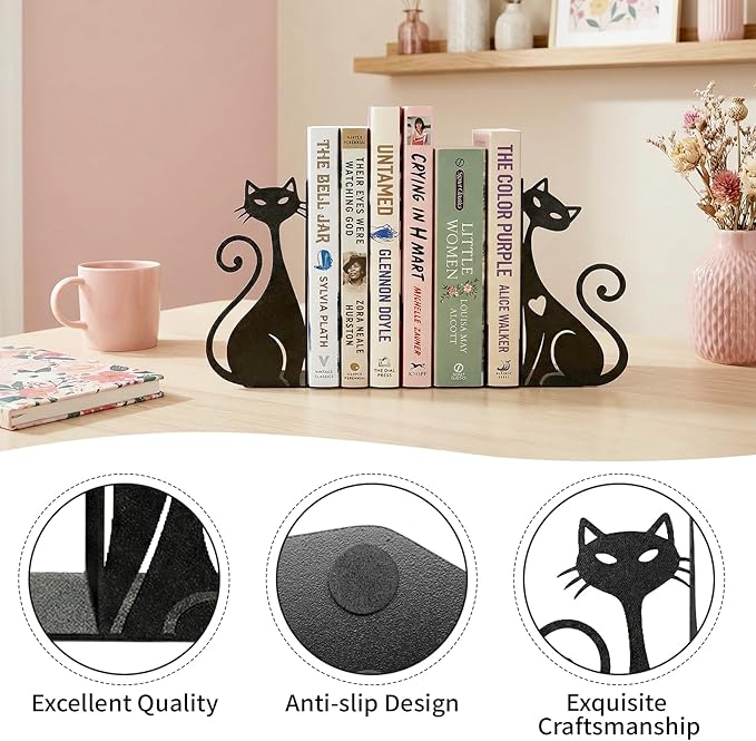 Atomic Cat Metal Bookends Set of 2 Cute Book Ends for Shelves Bookshelf Decorative Objects Home Office Desk Bookshelf Decor Gift for Cat Lovers and Reading Enthusiasts (Black)