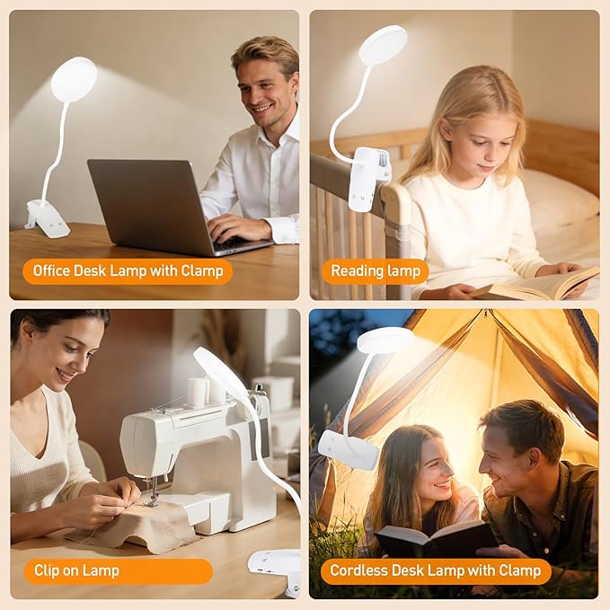Cordless Clip on Desk Lamp with Clamp, 30 Lighting Modes (6 Colors x 5 Dimming Levels) Eye-Protect 450 Lumen, 360° Flexible Gooseneck & Foldable, Clip on Light for Bed Headboard / Puzzle,White 1 Pcs