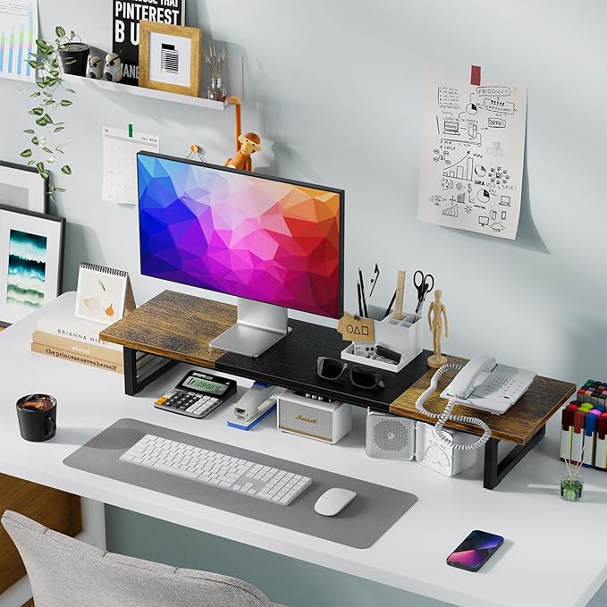Simple Trending 38 Inch Dual Monitor Stand Riser, Wood and Steel Desktop Organizer for Home Office, Wood and Blck