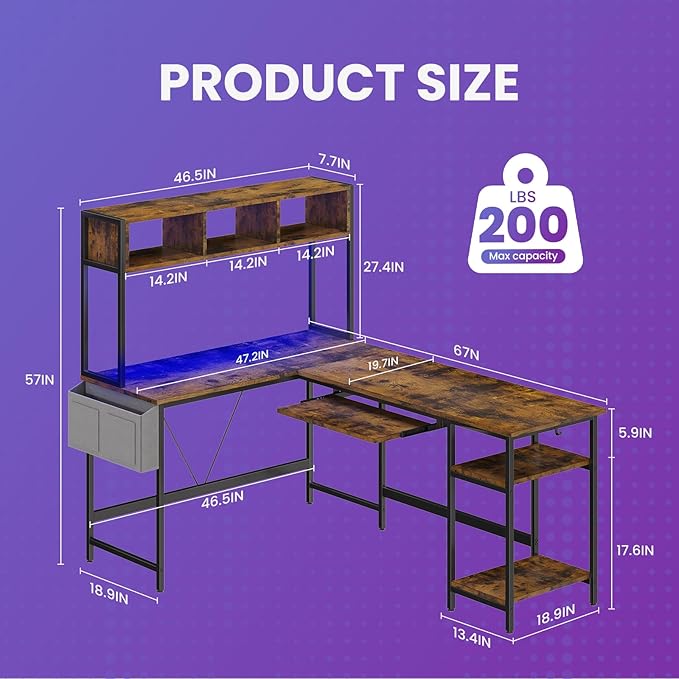 DUMOS L Shaped Gaming Desk 67", Reversible Computer Desk with LED Lights, Corner Desk for Small Spaces with Keyboard Tray & Storage Shelf, Metal Frame PC Gaming Table for Home Office Bedroom, Rustic
