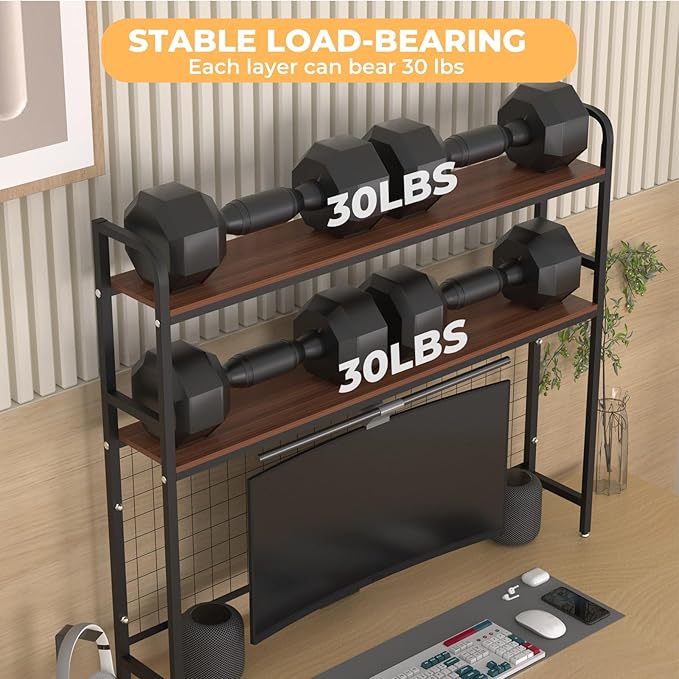 FAHKNS Desktop Bookshelf - 2-Tier Desk Book Organizer，Multifunctional Metal Desktop Bookshelf with 3 Hooks & DIY Storage Mesh for Office/Game Room/Study/Powder Room - Black