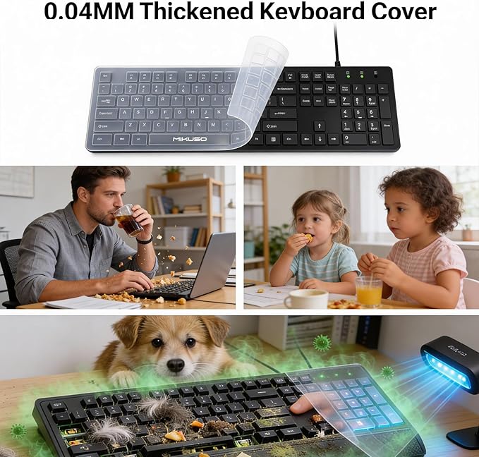 Spill Proof Keyboard with Cover, Wired Keyboard 104 Keys Full Size, Laser Etched Non Fading Keycaps, Easy Clean Computer Keyboard with Number Pad for Office Desktop PC, 1.6m USB Cable- Black