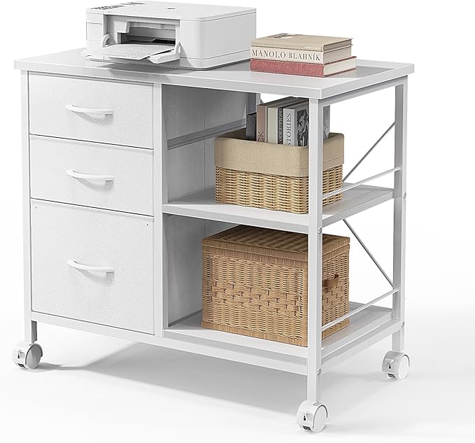 DUMOS File Cabinet, Mobile Storage Cabinet with 3 Drawers and Back Support Bar, Spacious Printer Stand with Storage Supporting 198 lbs for Home Office, White