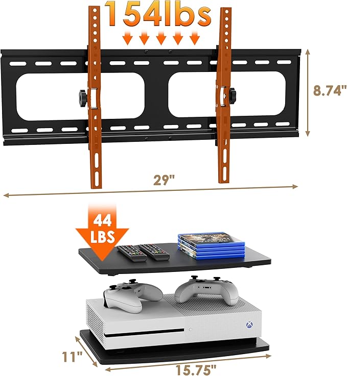 3-in-1 TV Wall Mount & Floating Shelves Kit, Fits 37–75" TVs, Wall-Mount TV Bracket with 2 Wooden Shelves, Max VESA 600×400 mm, for Living Room, Game Room, Bedroom
