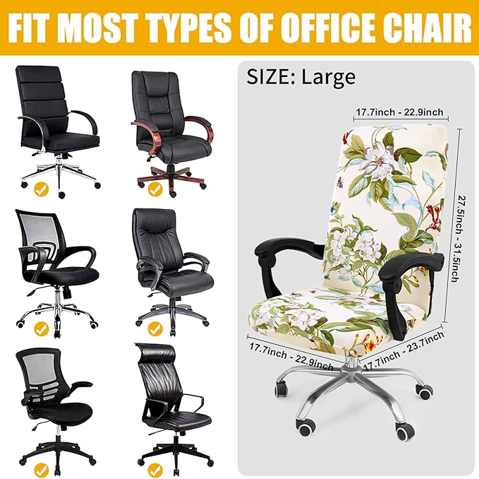 Smiry Stretch Printed Office Computer Chair Covers, Universal Desk Rotating Chair Slipcovers Removable Washable, Soft Fit Anti-Dust Spandex Protector Cover with Zipper, Beige and Green