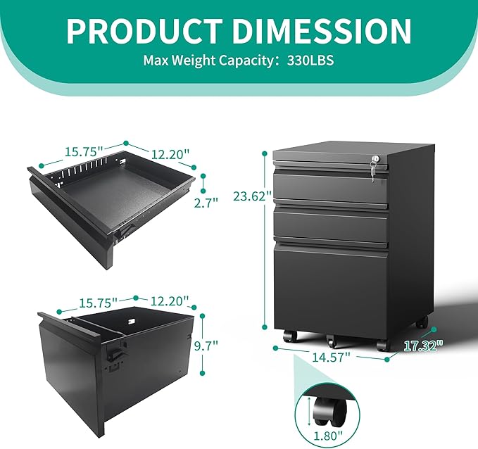 3 Drawer File Cabinet, Vertical File Cabinets with Lock for Home Office,Heavy Duty Office Steel Filing Cabinet for Hanging Letters/Legal/A4, Assembly Required (Black)