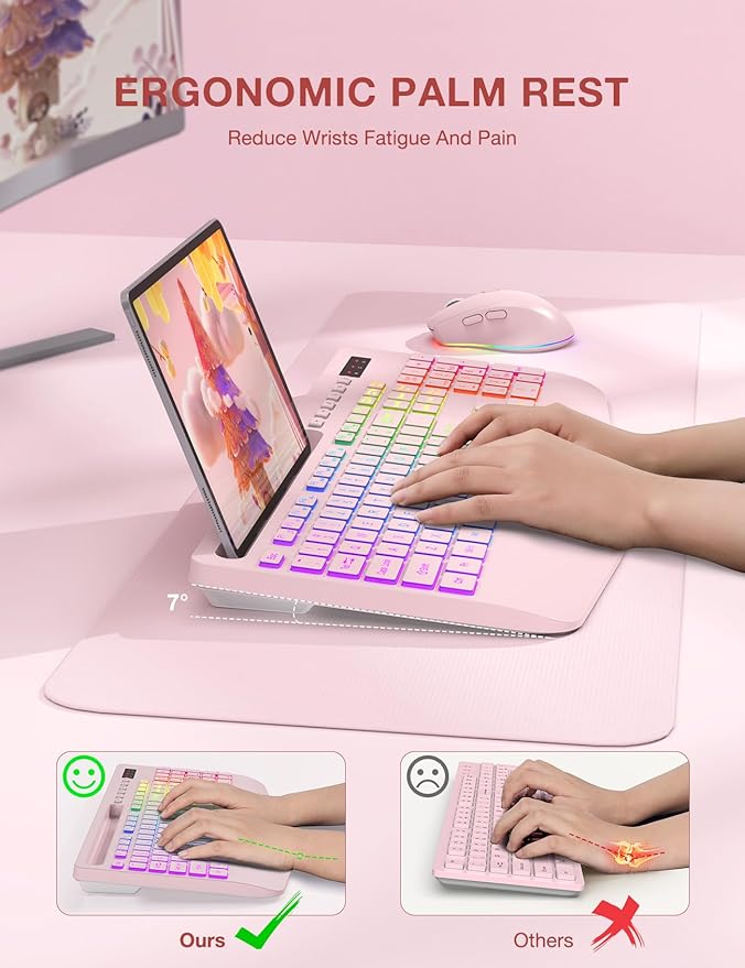 Wireless Keyboard and Mouse Combo, 9 Backlit Effects, Wrist Rest, Phone Holder, 2.4G Lag-Free Ergonomic Keyboards, KM22 MAX Rechargeable Silent Set for Computer, Laptop, Mac, Windows -SABLUTE（Pink）