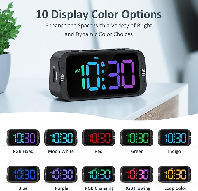 Odokee Digital Dual Alarm Clock for Bedroom: RGB Electric Clock with USB Charger for Kids Teens - Dimmable Clock with Weekday Weekend Mode for Bedside Desk