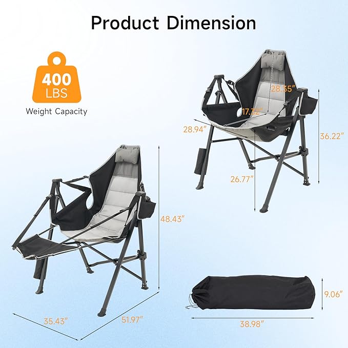 Hammock Camping Chair 2 Pack with Removable Footrest, 400lbs Heavy Duty Portable Swing Chair Outdoor with Adjustable Back, Foldable Camping Chair with Headrest and Cup Holder for Camping, Patio, Lawn