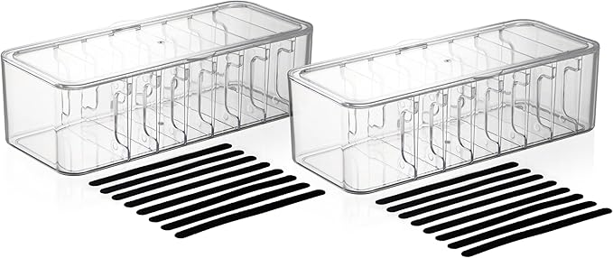 Cord Organizer Box 2 Pack – Clear Cable Organizer with Adjustable Dividers, Fits Up to 10ft Cables, Cord Storage Organizer for Chargers & Tech Accessories – Includes 16 Velcro Ties