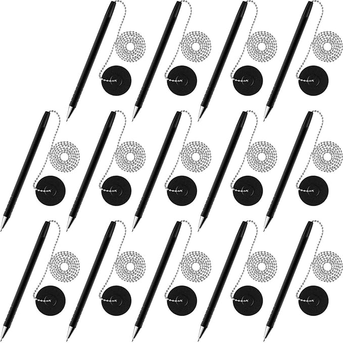 Outus 14 Pieces Secure Pen with Adhesive Chain and Security Pen Holder for Home Bank Office Hotel Supplies, Black Ink