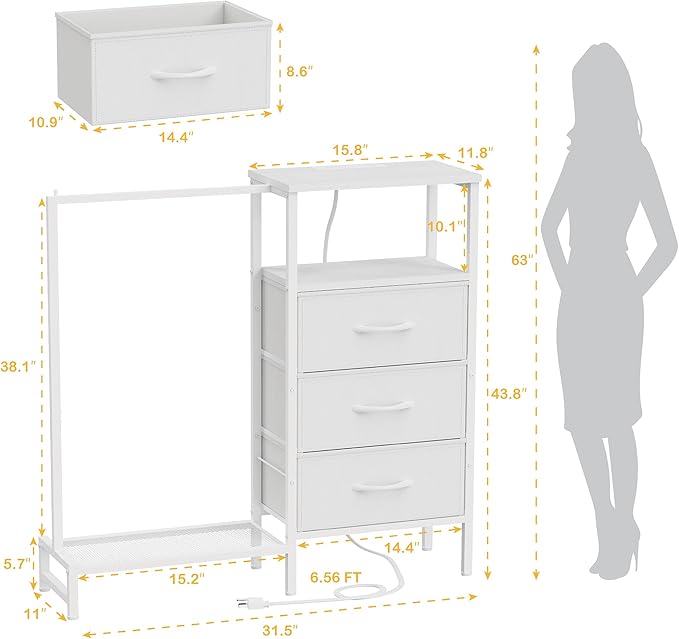 Dresser for Bedroom with Hanging Rack, 3 Drawers Closet with Charging Station, Fabric Chest of Drawers with Clothes Rack, Storage Organzier for Hallway Entryway, White