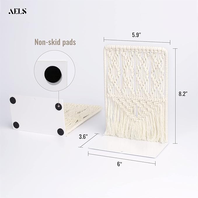 AELS Boho Macrame Bookends with Tassels, Heavy Duty Metal Book Ends, Decorative Unique Bookend Supports for Shelves, Stopper for Books/Movies/CD, Farmhouse Decoration,Thanksgiving
