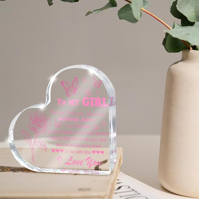 Love Heart Shaped Acrylic for Women, Pink Romantic "For My Girl" Decorative Gift, Anniversary Valentine's Day Gift, Couple Desk Decoration, Valentines Day Office Desk Accessories Decoration 4x4 Inch